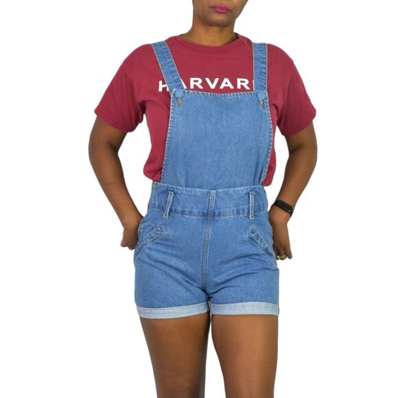 Vintage Blossom Jeans Bib Overall Blue Denim Shorts 80s Suspender Cuffed Size XS - Picture 12 of 15